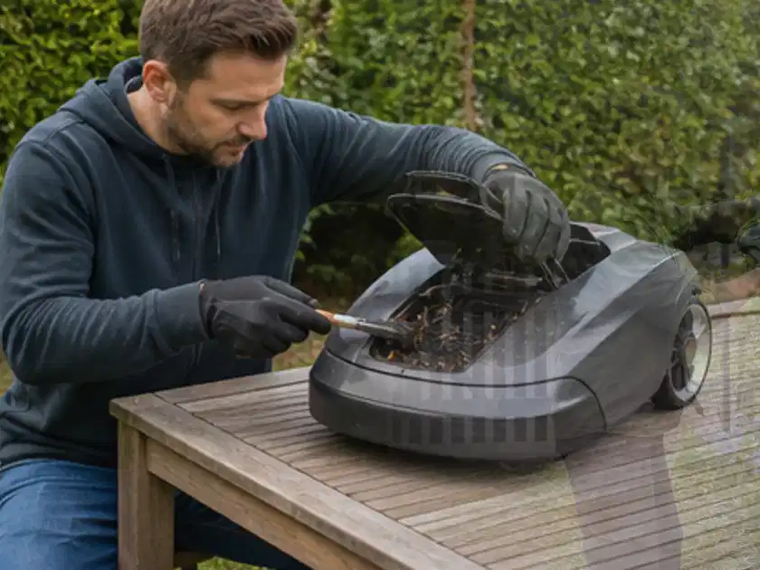 Person wartet einen geöffneten Mähroboter auf einem stabilen Gartentisch; Thema Mähroboter für Hanglagen, Schwerpunkt Ersatzteile; Titelbild.