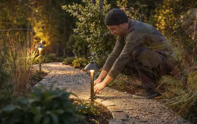 Person richtet eine niedrige warm leuchtende Gartenlampe am Kiesweg aus; Thema Mähroboter für Hanglagen, Schwerpunkt Ersatzteile; Ergebnis.