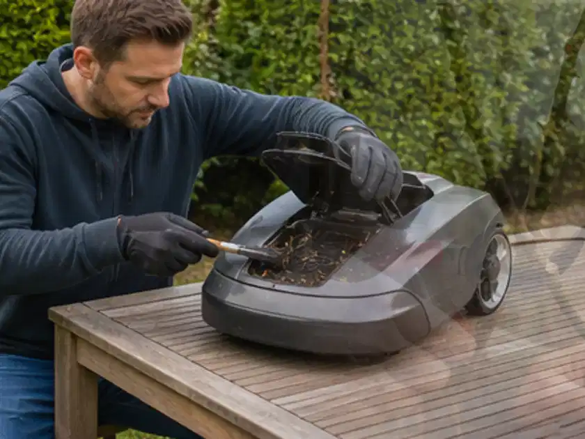 Person wartet einen geöffneten Mähroboter auf einem stabilen Gartentisch; Thema Mähroboter für Hanglagen, Schwerpunkt Fehlerhilfe; Titelbild.