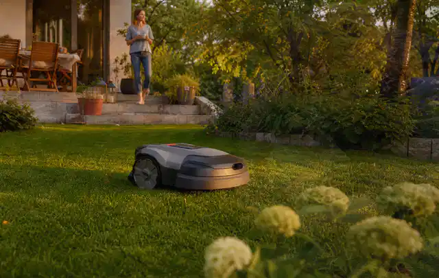 Mähroboter fährt am Abend über einen Rasen im Familiengarten; Thema Mähroboter für Hanglagen, Schwerpunkt Fehlerhilfe; Ergebnis.