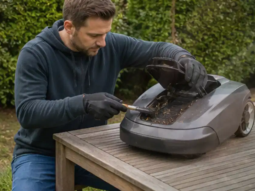 Person wartet einen geöffneten Mähroboter auf einem stabilen Gartentisch; Thema Mähroboter für Hanglagen, Schwerpunkt Gärten mit großer Fläche; Titelbild.