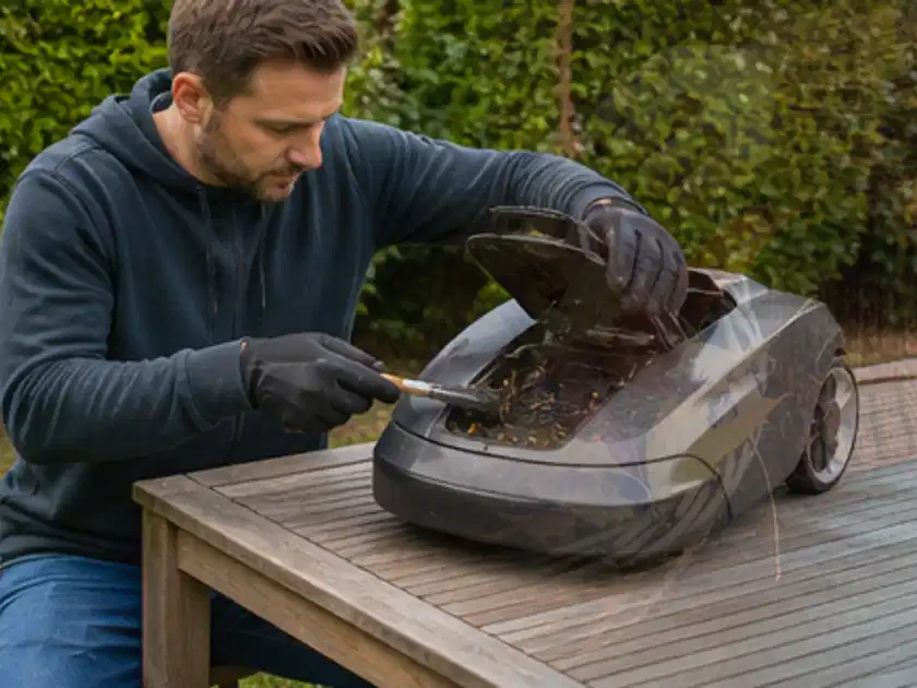 Person wartet einen geöffneten Mähroboter auf einem stabilen Gartentisch; Thema Mähroboter für Hanglagen, Schwerpunkt Gärten mit kleiner Fläche; Titelbild.