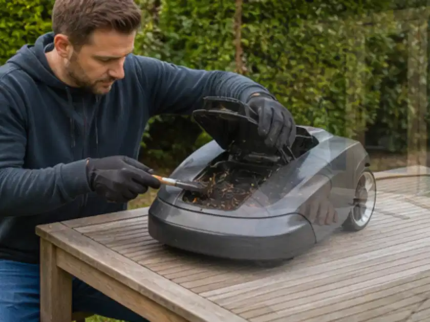 Person wartet einen geöffneten Mähroboter auf einem stabilen Gartentisch; Thema Mähroboter für Hanglagen, Schwerpunkt Kaufberatung; Titelbild.
