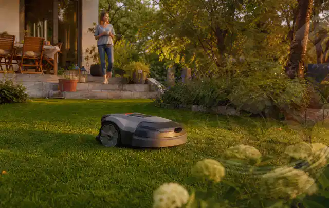 Mähroboter fährt am Abend über einen Rasen im Familiengarten; Thema Mähroboter für Hanglagen, Schwerpunkt Kaufberatung; Praxisalltag.