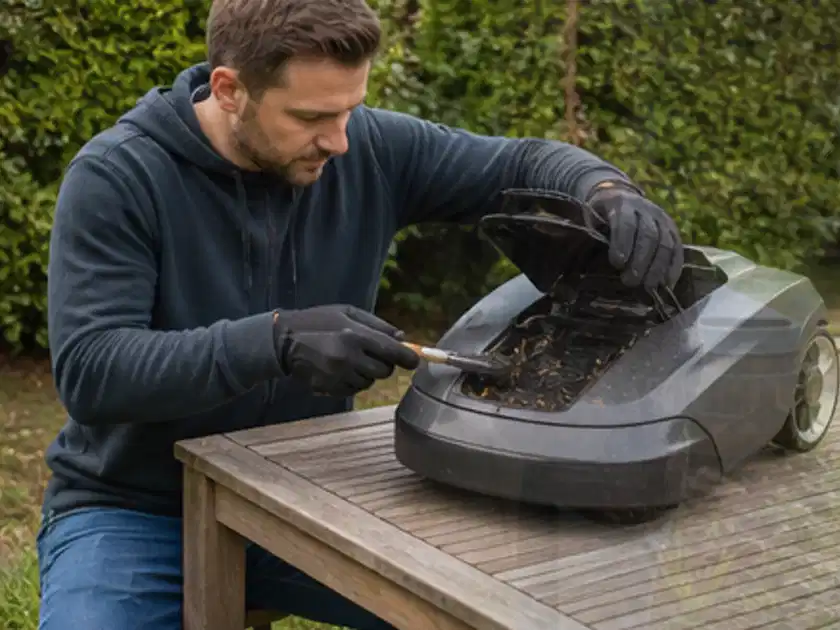 Person wartet einen geöffneten Mähroboter auf einem stabilen Gartentisch; Thema Mähroboter für Hanglagen, Schwerpunkt Kosten; Titelbild.