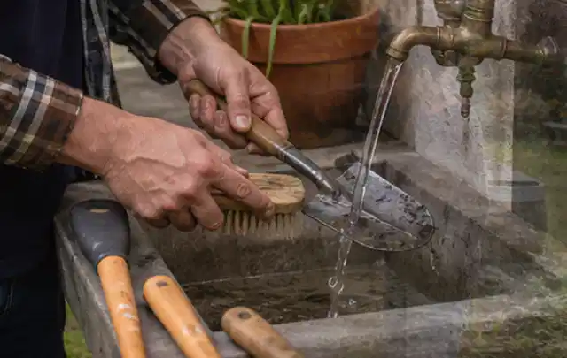Hände reinigen gebrauchte Gartengeräte mit Bürste und Wasser am Außenbecken; Thema Mähroboter für Hanglagen, Schwerpunkt Kosten; Ausgangslage.