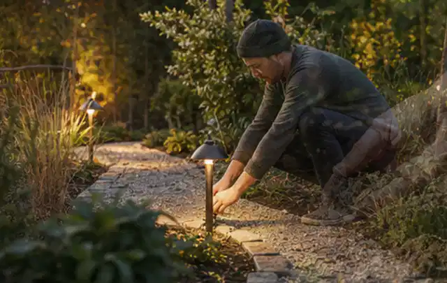 Person richtet eine niedrige warm leuchtende Gartenlampe am Kiesweg aus; Thema Mähroboter für Hanglagen, Schwerpunkt Kosten; Praxisalltag.