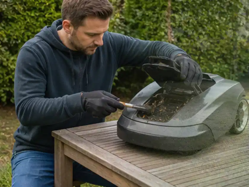 Person wartet einen geöffneten Mähroboter auf einem stabilen Gartentisch; Thema Mähroboter für Hanglagen, Schwerpunkt Leistung; Titelbild.