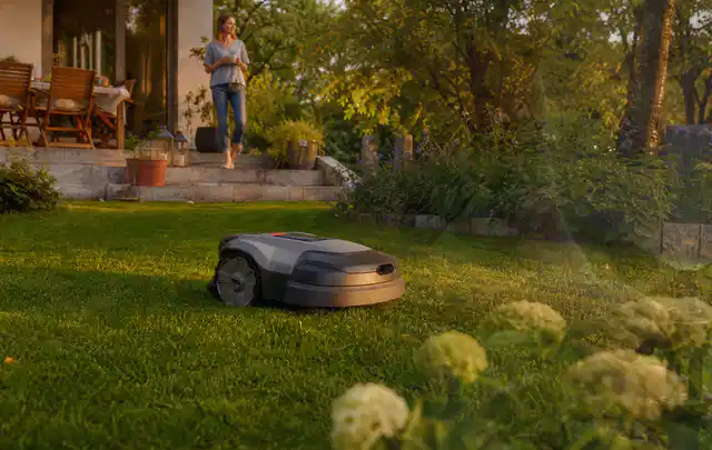 Mähroboter fährt am Abend über einen Rasen im Familiengarten; Thema Mähroboter für Hanglagen, Schwerpunkt Nachhaltigkeit; Ausgangslage.