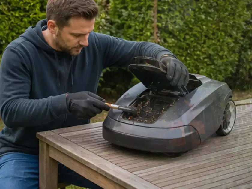 Person wartet einen geöffneten Mähroboter auf einem stabilen Gartentisch; Thema Mähroboter für Hanglagen, Schwerpunkt Reinigung; Titelbild.