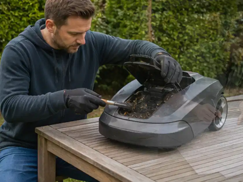 Person wartet einen geöffneten Mähroboter auf einem stabilen Gartentisch; Thema Mähroboter für Hanglagen, Schwerpunkt Reparatur; Titelbild.