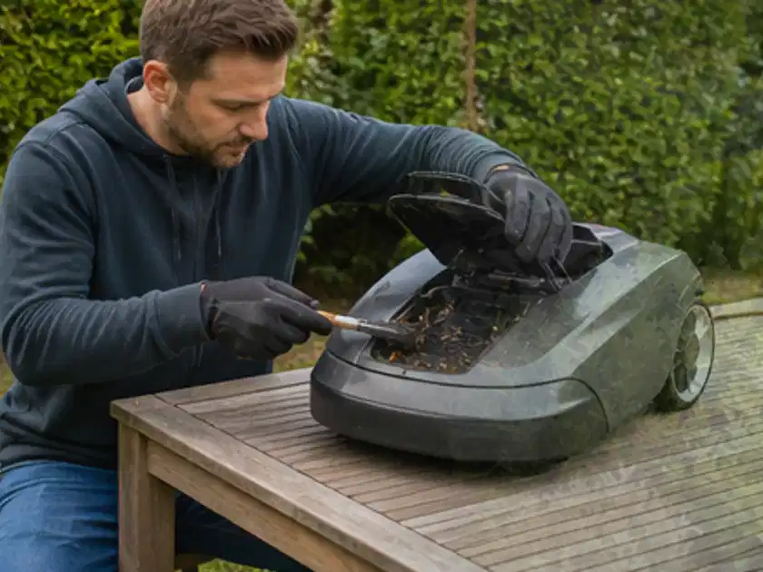 Person wartet einen geöffneten Mähroboter auf einem stabilen Gartentisch; Thema Mähroboter für Hanglagen, Schwerpunkt Sicherheit; Titelbild.