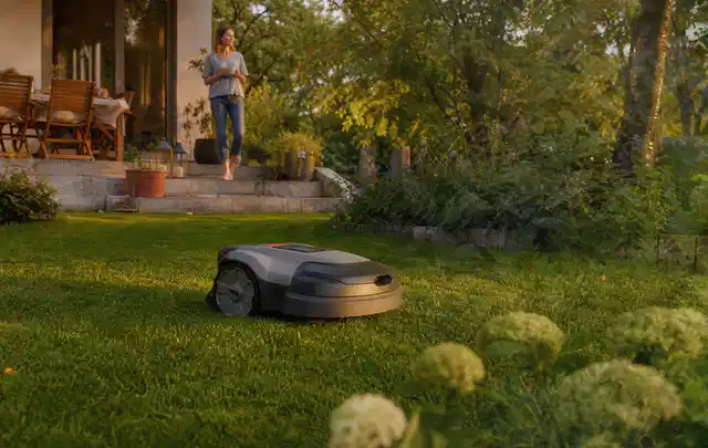 Mähroboter fährt am Abend über einen Rasen im Familiengarten; Thema Mähroboter für Hanglagen, Schwerpunkt Sicherheit; Ausgangslage.