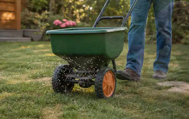 Person verteilt Rasensamen mit einem Streuwagen auf einer lückigen Fläche; Thema Mähroboter für Hanglagen, Schwerpunkt Sicherheit; Praxisalltag.