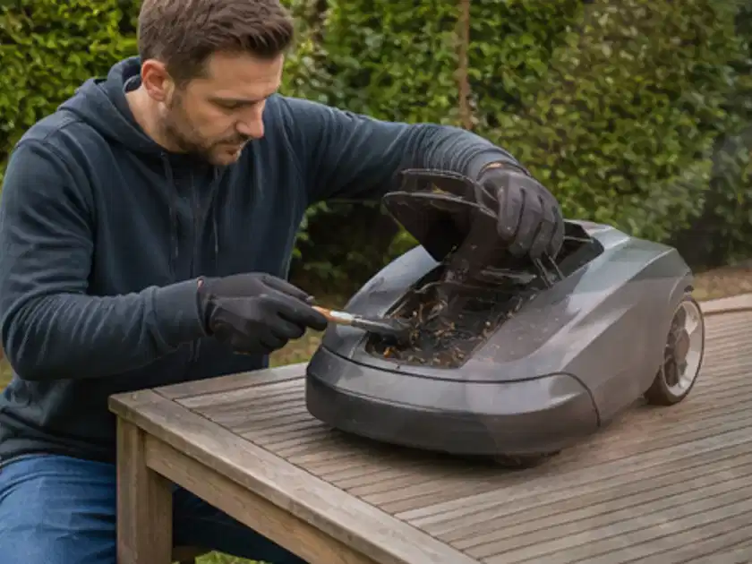 Person wartet einen geöffneten Mähroboter auf einem stabilen Gartentisch; Thema Mähroboter für Hanglagen, Schwerpunkt Vergleich; Titelbild.