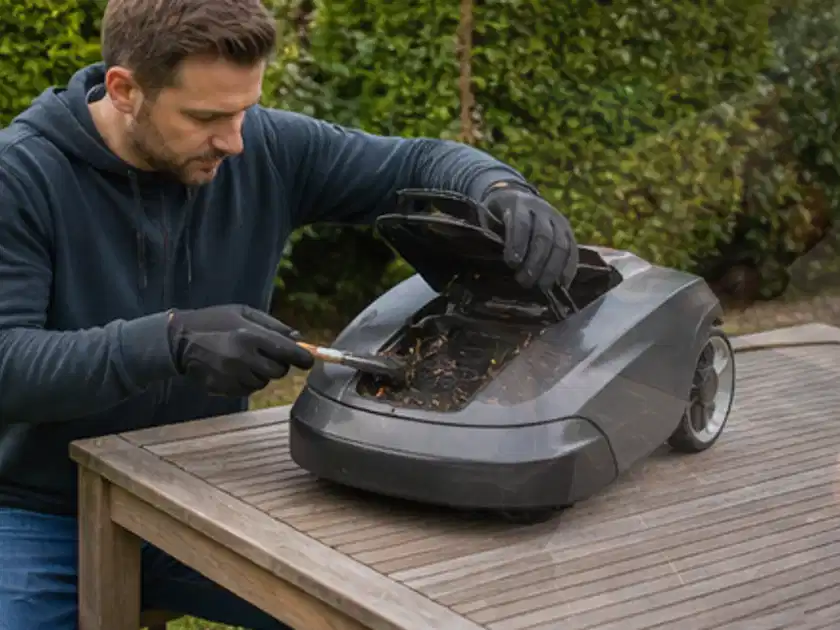 Person wartet einen geöffneten Mähroboter auf einem stabilen Gartentisch; Thema Mähroboter für Hanglagen, Schwerpunkt Wartung; Titelbild.