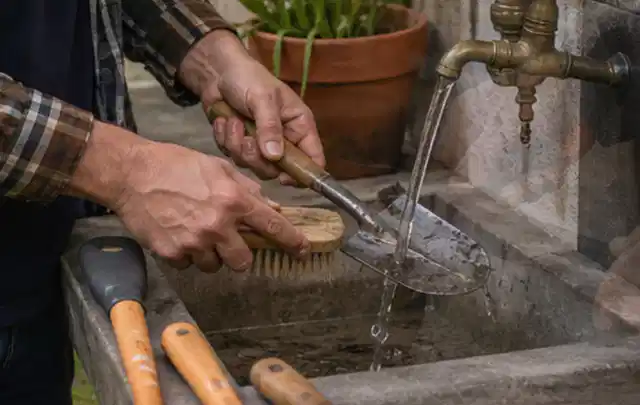 Hände reinigen gebrauchte Gartengeräte mit Bürste und Wasser am Außenbecken; Thema Mähroboter für Hanglagen, Schwerpunkt Winterlager; Ausgangslage.