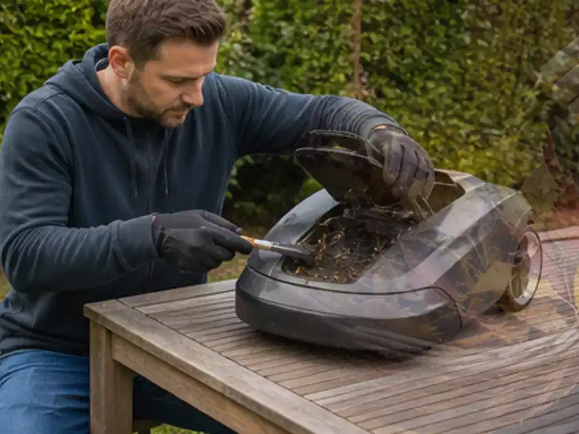 Person wartet einen geöffneten Mähroboter auf einem stabilen Gartentisch; Thema Mähroboter für kleine Gärten, Schwerpunkt Anwendung; Titelbild.
