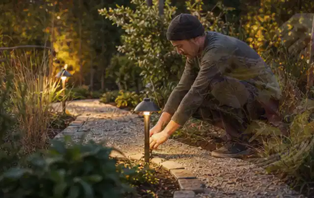 Person richtet eine niedrige warm leuchtende Gartenlampe am Kiesweg aus; Thema Mähroboter für kleine Gärten, Schwerpunkt Anwendung; Ausgangslage.