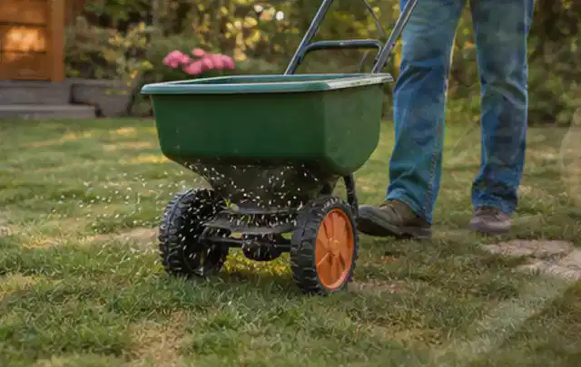 Person verteilt Rasensamen mit einem Streuwagen auf einer lückigen Fläche; Thema Mähroboter für kleine Gärten, Schwerpunkt Anwendung; Kontrolle.