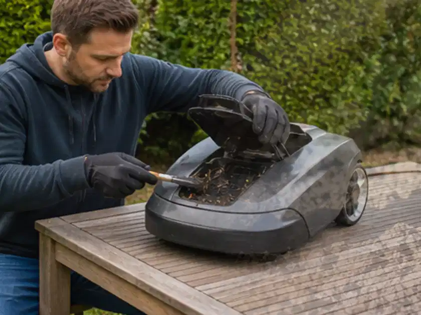 Person wartet einen geöffneten Mähroboter auf einem stabilen Gartentisch; Thema Mähroboter für kleine Gärten, Schwerpunkt Bestenliste; Titelbild.