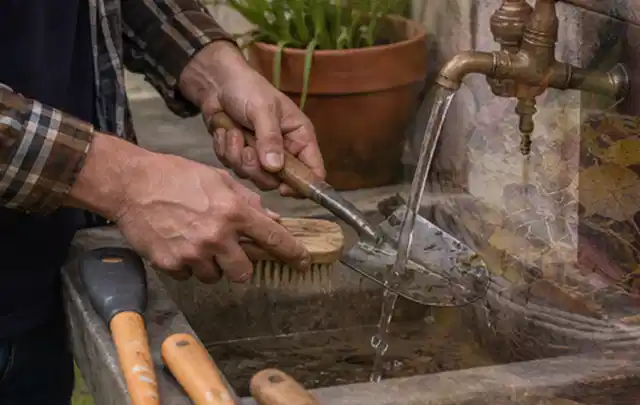 Hände reinigen gebrauchte Gartengeräte mit Bürste und Wasser am Außenbecken; Thema Mähroboter für kleine Gärten, Schwerpunkt Bestenliste; Kontrolle.