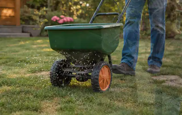 Person verteilt Rasensamen mit einem Streuwagen auf einer lückigen Fläche; Thema Mähroboter für kleine Gärten, Schwerpunkt Dimensionierung; Praxisalltag.