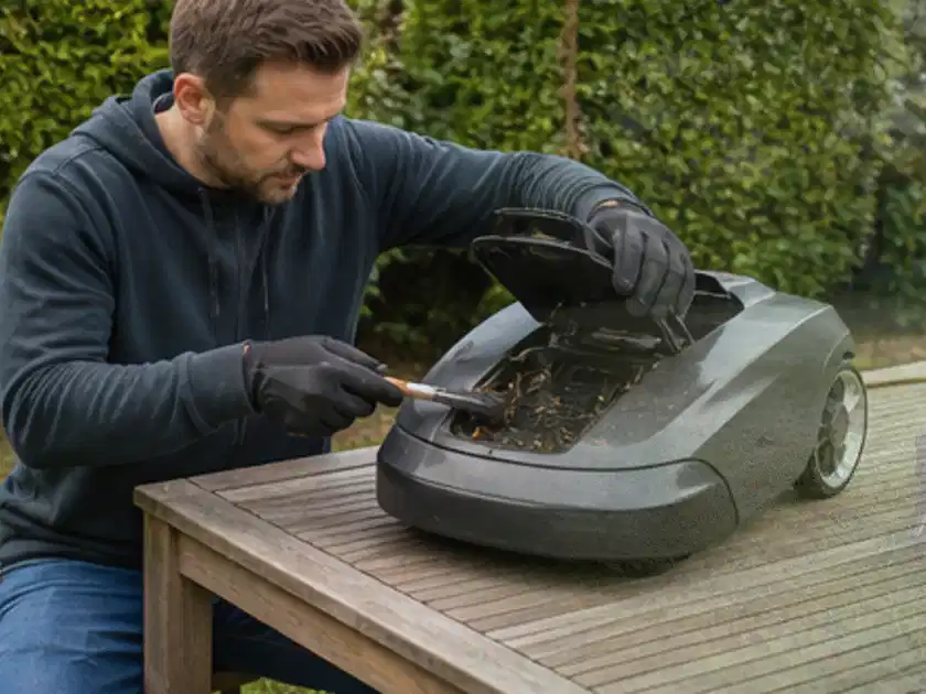 Person wartet einen geöffneten Mähroboter auf einem stabilen Gartentisch; Thema Mähroboter für kleine Gärten, Schwerpunkt Ersatzteile; Titelbild.