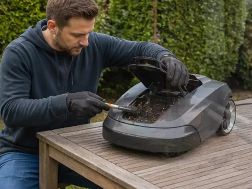 Person wartet einen geöffneten Mähroboter auf einem stabilen Gartentisch; Thema Mähroboter für kleine Gärten, Schwerpunkt Fehlerhilfe; Titelbild.