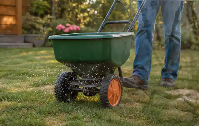 Person verteilt Rasensamen mit einem Streuwagen auf einer lückigen Fläche; Thema Mähroboter für kleine Gärten, Schwerpunkt Fehlerhilfe; Kontrolle.