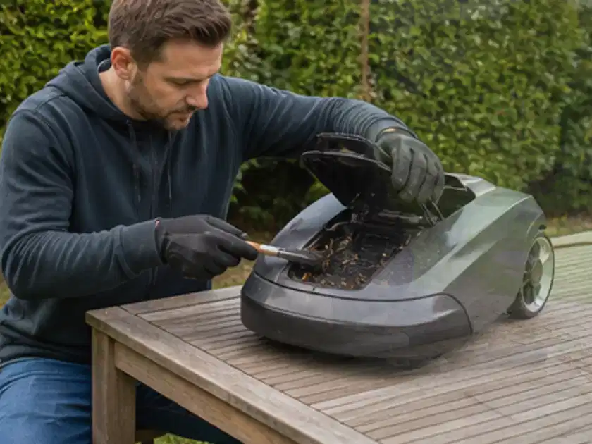 Person wartet einen geöffneten Mähroboter auf einem stabilen Gartentisch; Thema Mähroboter für kleine Gärten, Schwerpunkt Kaufberatung; Titelbild.