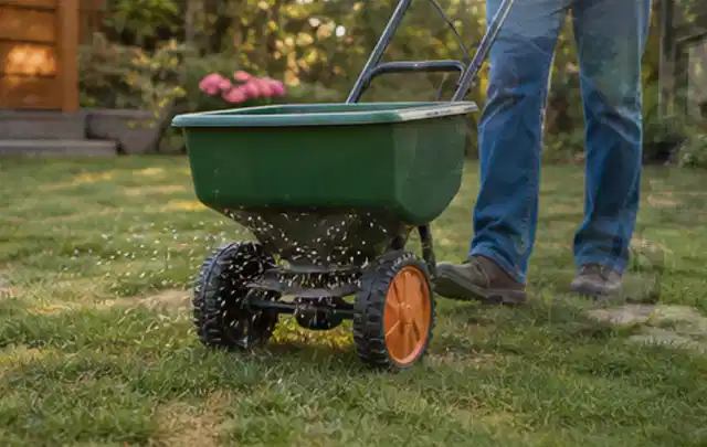Person verteilt Rasensamen mit einem Streuwagen auf einer lückigen Fläche; Thema Mähroboter für kleine Gärten, Schwerpunkt Kosten; Umsetzung.