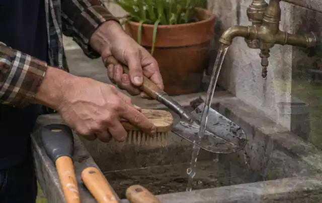 Hände reinigen gebrauchte Gartengeräte mit Bürste und Wasser am Außenbecken; Thema Mähroboter für kleine Gärten, Schwerpunkt Kosten; Praxisalltag.