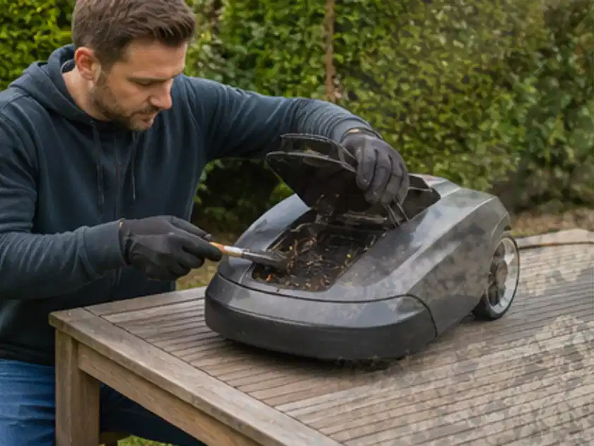Person wartet einen geöffneten Mähroboter auf einem stabilen Gartentisch; Thema Mähroboter für kleine Gärten, Schwerpunkt Leistung; Titelbild.