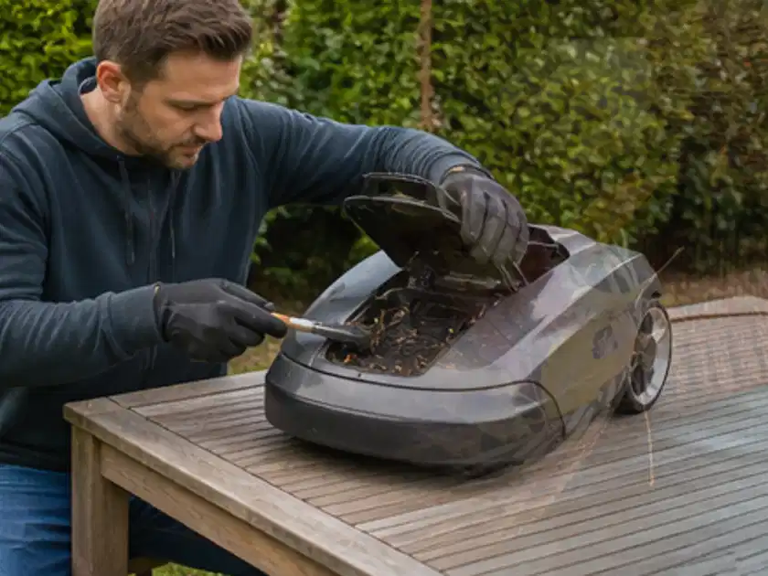 Person wartet einen geöffneten Mähroboter auf einem stabilen Gartentisch; Thema Mähroboter für kleine Gärten, Schwerpunkt Nachhaltigkeit; Titelbild.