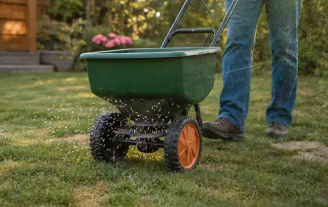 Person verteilt Rasensamen mit einem Streuwagen auf einer lückigen Fläche; Thema Mähroboter für kleine Gärten, Schwerpunkt Nachhaltigkeit; Umsetzung.