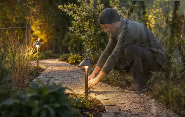 Person richtet eine niedrige warm leuchtende Gartenlampe am Kiesweg aus; Thema Mähroboter für kleine Gärten, Schwerpunkt Nachhaltigkeit; Praxisalltag.