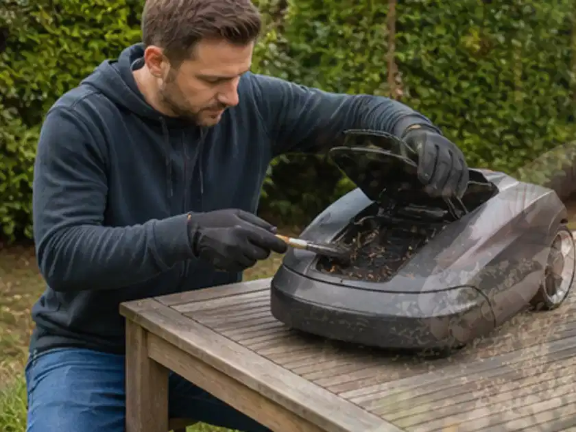 Person wartet einen geöffneten Mähroboter auf einem stabilen Gartentisch; Thema Mähroboter für kleine Gärten, Schwerpunkt Reinigung; Titelbild.
