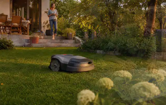 Mähroboter fährt am Abend über einen Rasen im Familiengarten; Thema Mähroboter für kleine Gärten, Schwerpunkt Reparatur; Ausgangslage.