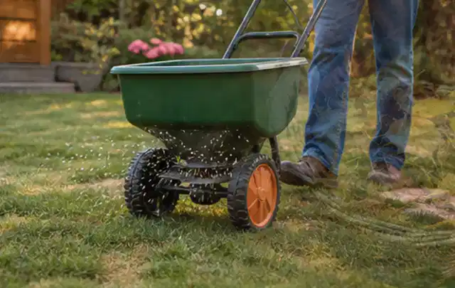 Person verteilt Rasensamen mit einem Streuwagen auf einer lückigen Fläche; Thema Mähroboter für kleine Gärten, Schwerpunkt Reparatur; Umsetzung.