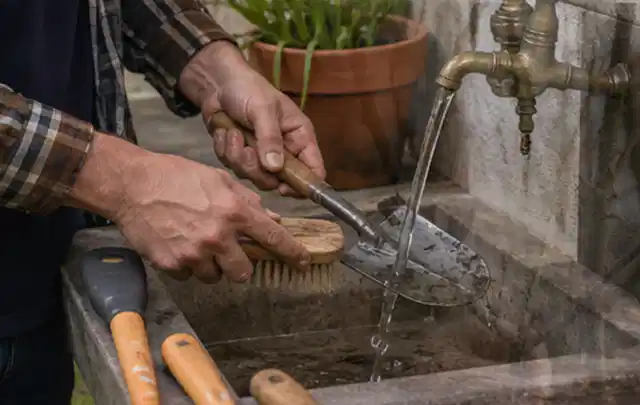Hände reinigen gebrauchte Gartengeräte mit Bürste und Wasser am Außenbecken; Thema Mähroboter für kleine Gärten, Schwerpunkt Reparatur; Kontrolle.