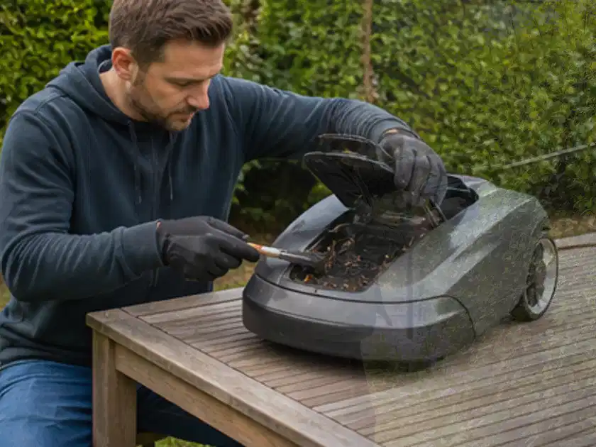 Person wartet einen geöffneten Mähroboter auf einem stabilen Gartentisch; Thema Mähroboter für kleine Gärten, Schwerpunkt Sicherheit; Titelbild.