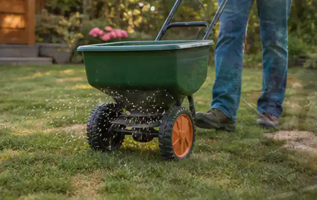 Person verteilt Rasensamen mit einem Streuwagen auf einer lückigen Fläche; Thema Mähroboter für kleine Gärten, Schwerpunkt Sicherheit; Kontrolle.