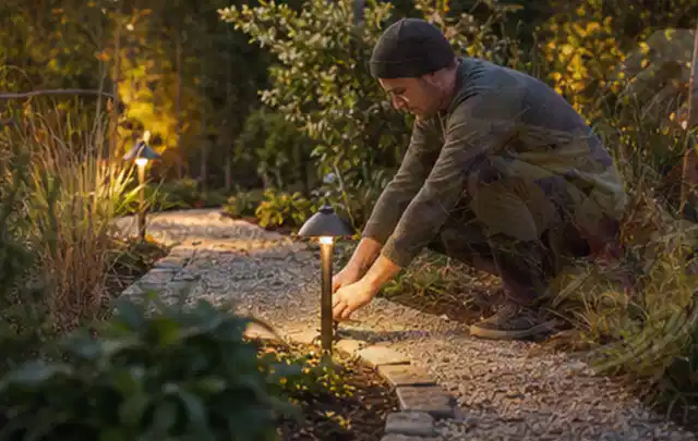 Person richtet eine niedrige warm leuchtende Gartenlampe am Kiesweg aus; Thema Mähroboter für kleine Gärten, Schwerpunkt Sicherheit; Praxisalltag.