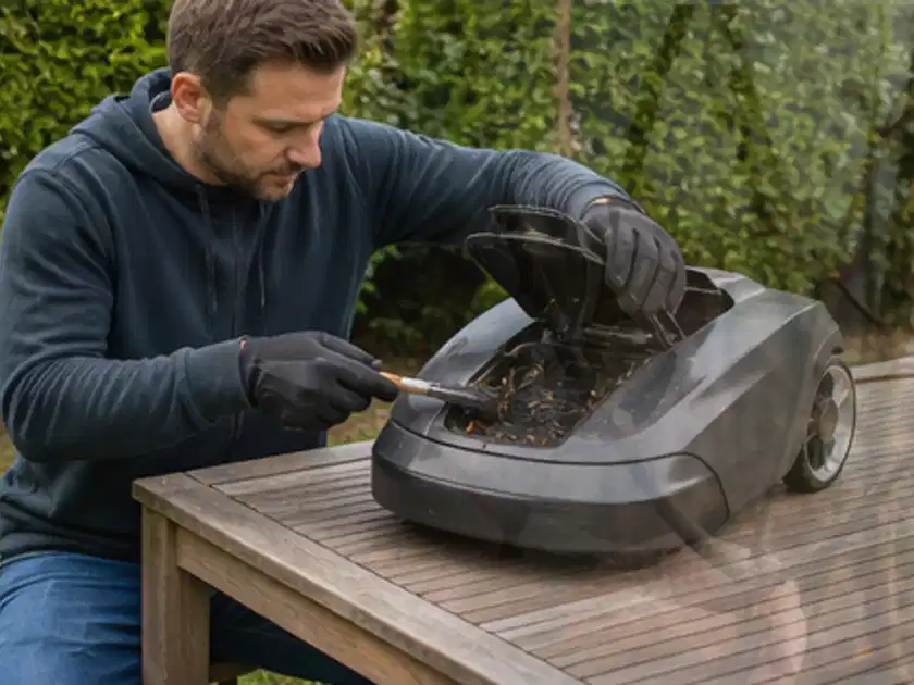 Person wartet einen geöffneten Mähroboter auf einem stabilen Gartentisch; Thema Mähroboter für kleine Gärten, Schwerpunkt Systemvergleich; Titelbild.