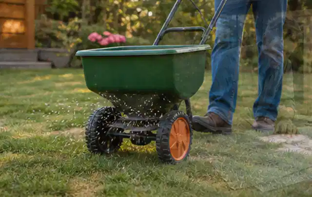 Person verteilt Rasensamen mit einem Streuwagen auf einer lückigen Fläche; Thema Mähroboter für kleine Gärten, Schwerpunkt Systemvergleich; Praxisalltag.