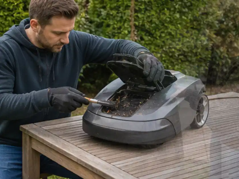 Person wartet einen geöffneten Mähroboter auf einem stabilen Gartentisch; Thema Mähroboter für kleine Gärten, Schwerpunkt Testkriterien; Titelbild.