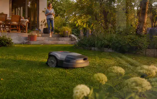 Mähroboter fährt am Abend über einen Rasen im Familiengarten; Thema Mähroboter für kleine Gärten, Schwerpunkt Testkriterien; Umsetzung.