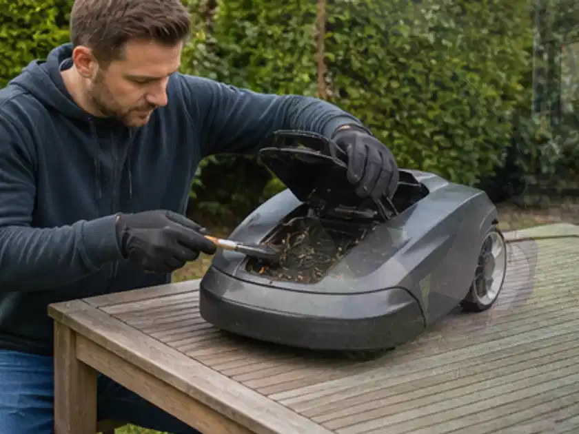 Person wartet einen geöffneten Mähroboter auf einem stabilen Gartentisch; Thema Mähroboter für kleine Gärten, Schwerpunkt Vergleich; Titelbild.
