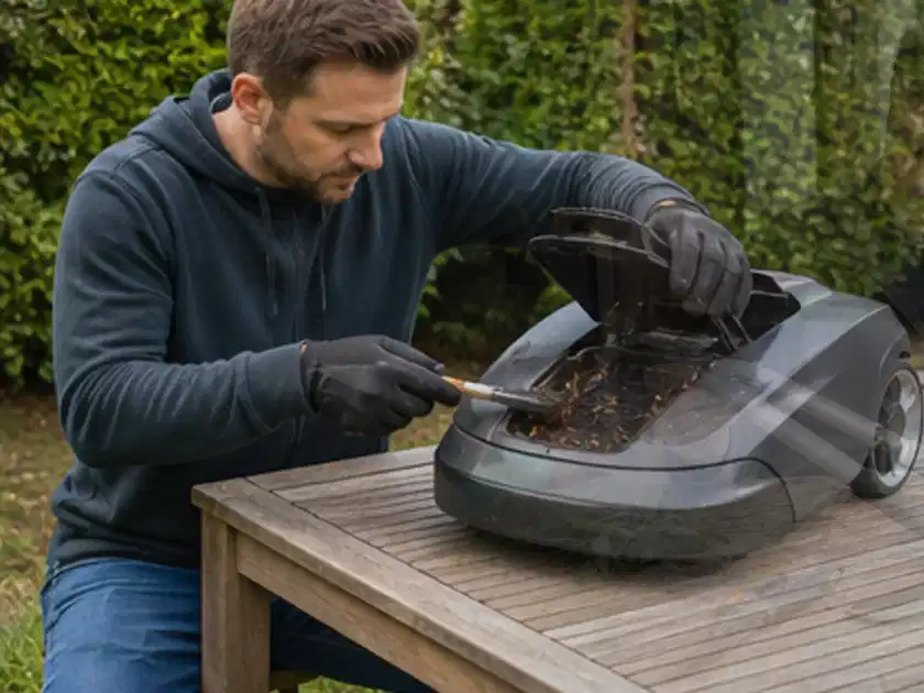 Person wartet einen geöffneten Mähroboter auf einem stabilen Gartentisch; Thema Mähroboter für kleine Gärten, Schwerpunkt Wartung; Titelbild.